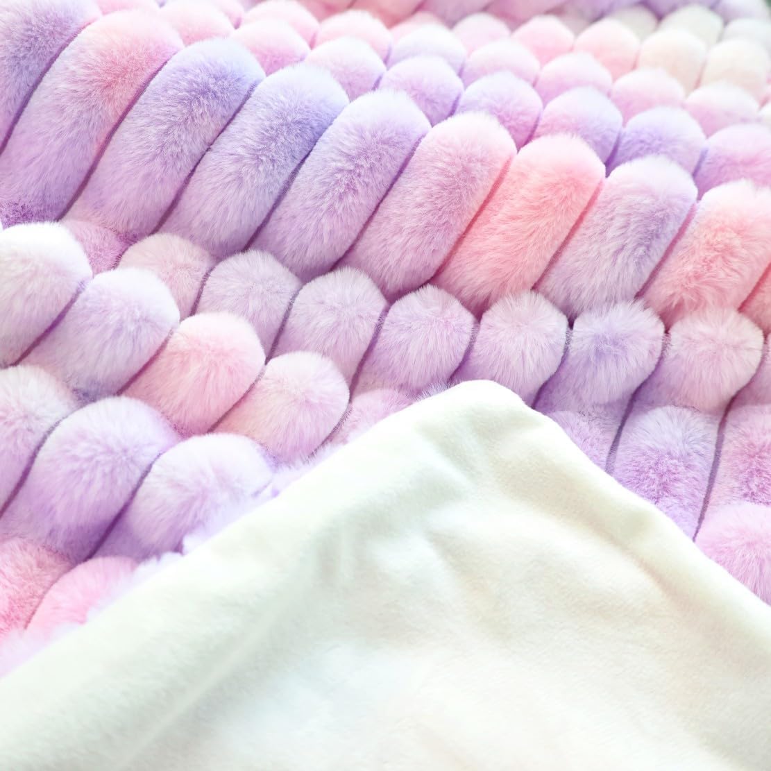 Super Soft Faux Fur Plush Throw Blanket, Rainbow Tie-Dye Pattern, Pastel Purple and Pink, Ribbed Decorative Cozy Blanket for Couch Bed,Gift for Women (Twin (63" x 77"),Purple and Pink) - Image 4