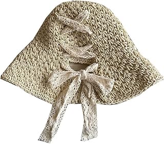 Beige Lady Straw Hat Female Lace Bowknot Hollow Crochet Hat Summer Sunshade Sun Hats Foldable Basin Hat