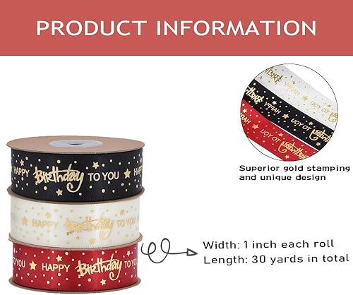 Miniatura 2 de Cinta de feliz cumpleaños de 1 pulgada, 3 rollos de cintas de satén de cumpleaños de 30 yardas con estampado dorado para cumpleaños, envoltura de