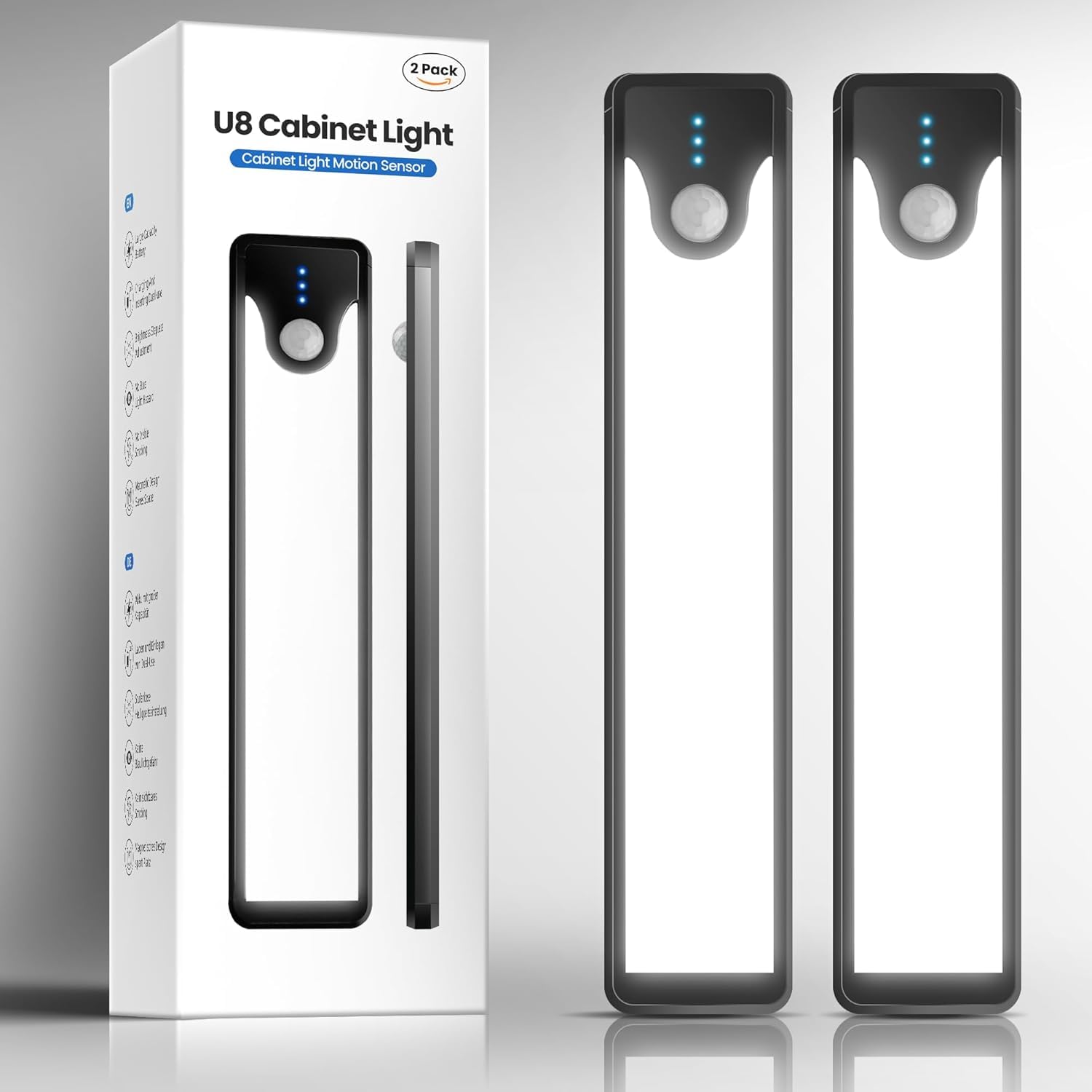 Homelist Under Cabinet Lights, 60 LED Wireless Under Cabinet Lighting Motion Sensor Indoor, Rechargeable Battery Operated Closet Night Light for Kitchen Counter Stair Wardrobe Cupboard 2 Pack (Black)