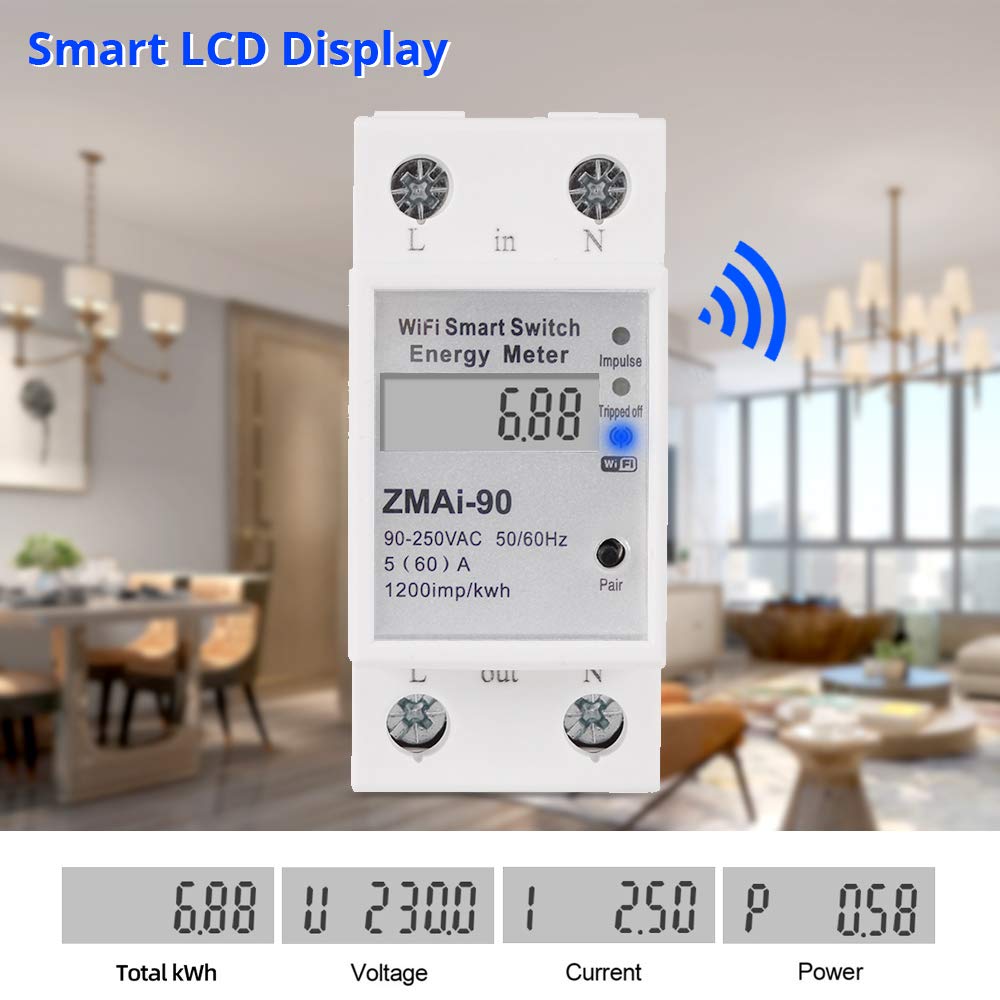 Inteligentny licznik energii WiFi z aplikacją Smart Life na szynie DIN, jednofazowy licznik prądu, elektroniczny 90-250 V