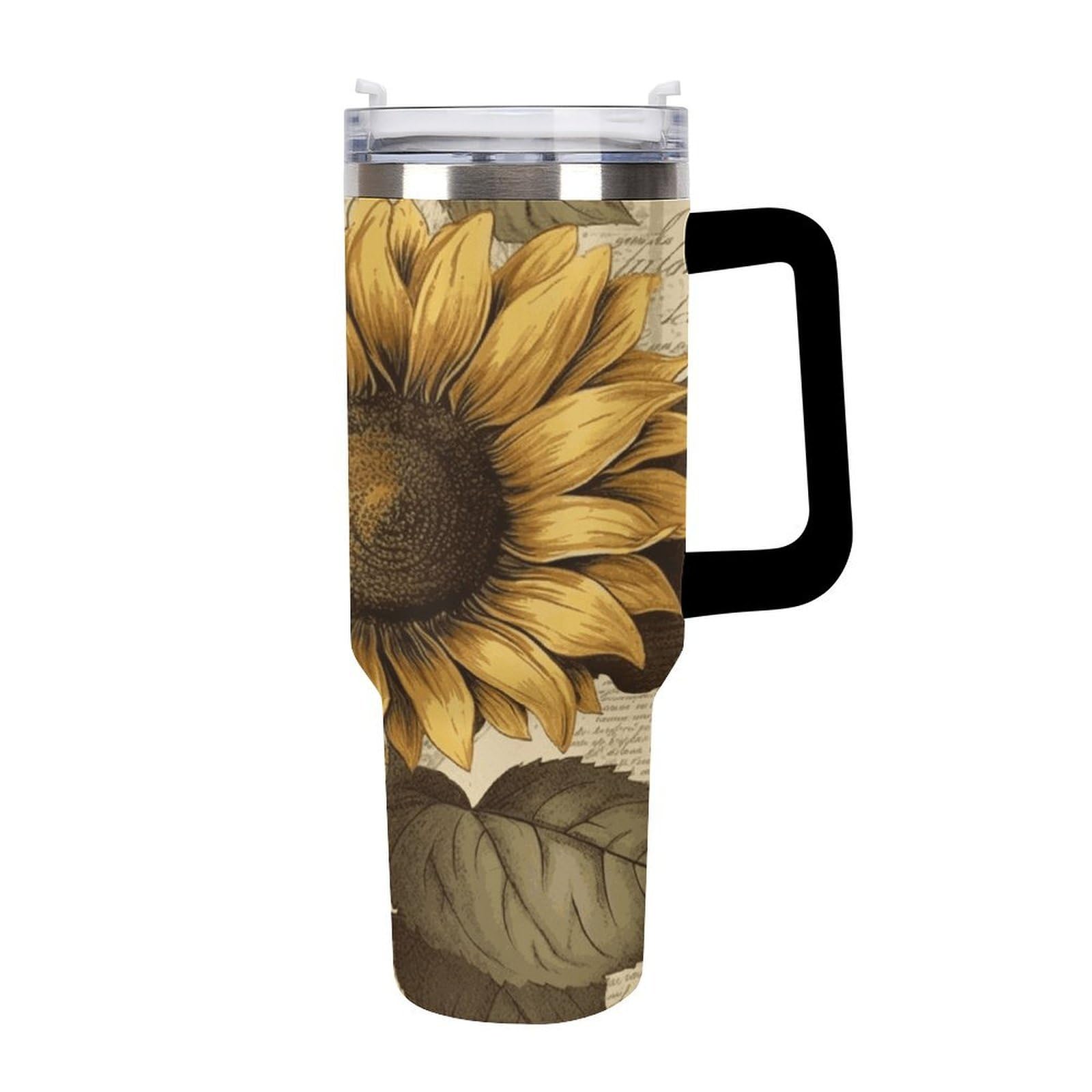 Retro-Sonnenblumen-Becher mit Strohhalm und Griff, doppelwandig, Vakuumisolierung, Wasserflaschen für Eiskaffee, Tee, heiße und kalte Getränke