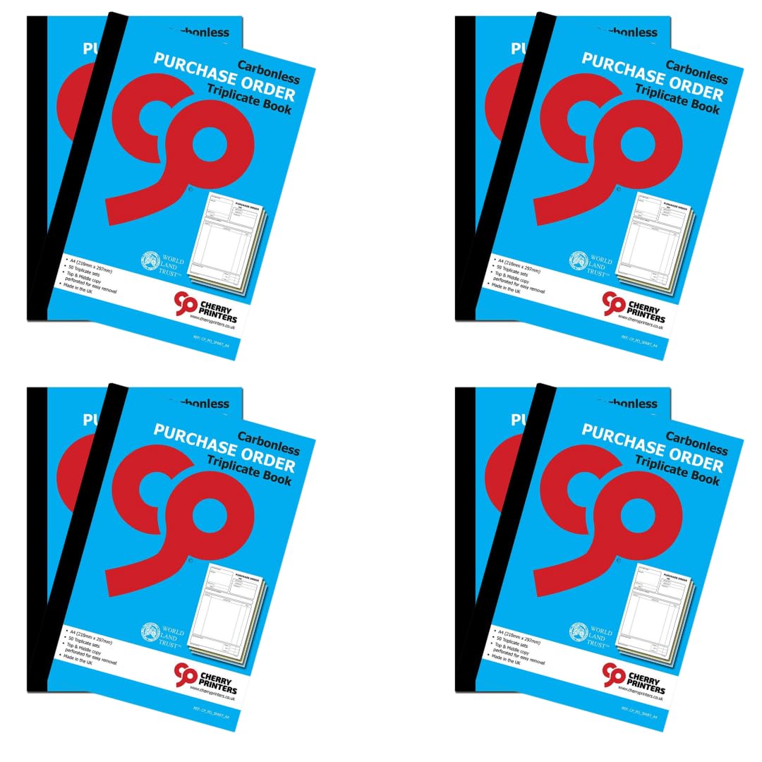 Cherry Printers Carbonless Purchase Order Triplicate Book A4 | 3 Part NCR Order Book | 50 Sets | Perforated Easy Tear Copies | Purchase Order Forms for Business Office Self Employed **8 Pack** — image 1