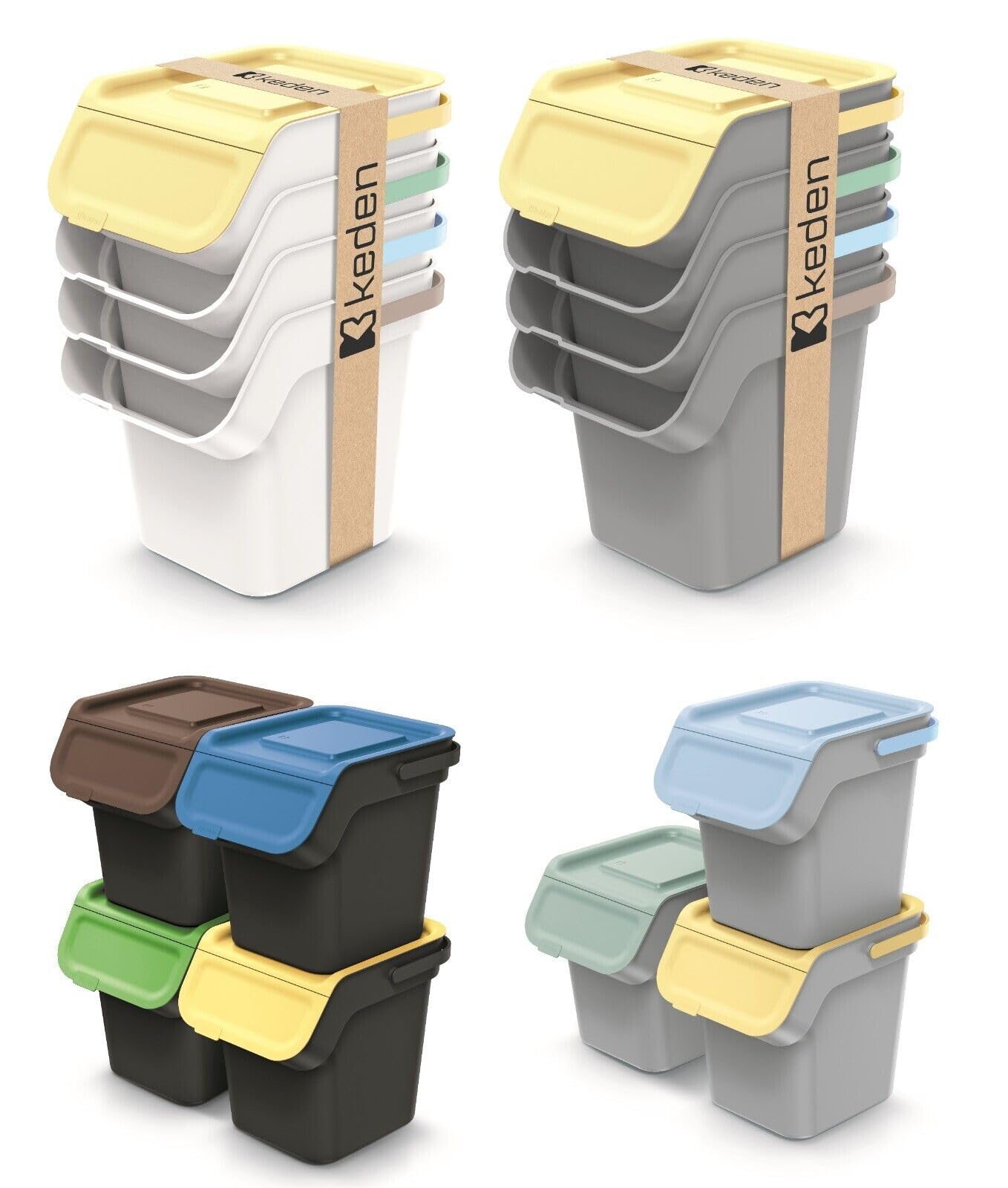 Sorting Waste Bin Set Recycling Segregation Stackable Lidded Handle 3 Colours Black Grey Ashen Flap Lid CARBON FILTER 20L 25L (3 x 25 Litre bins White)