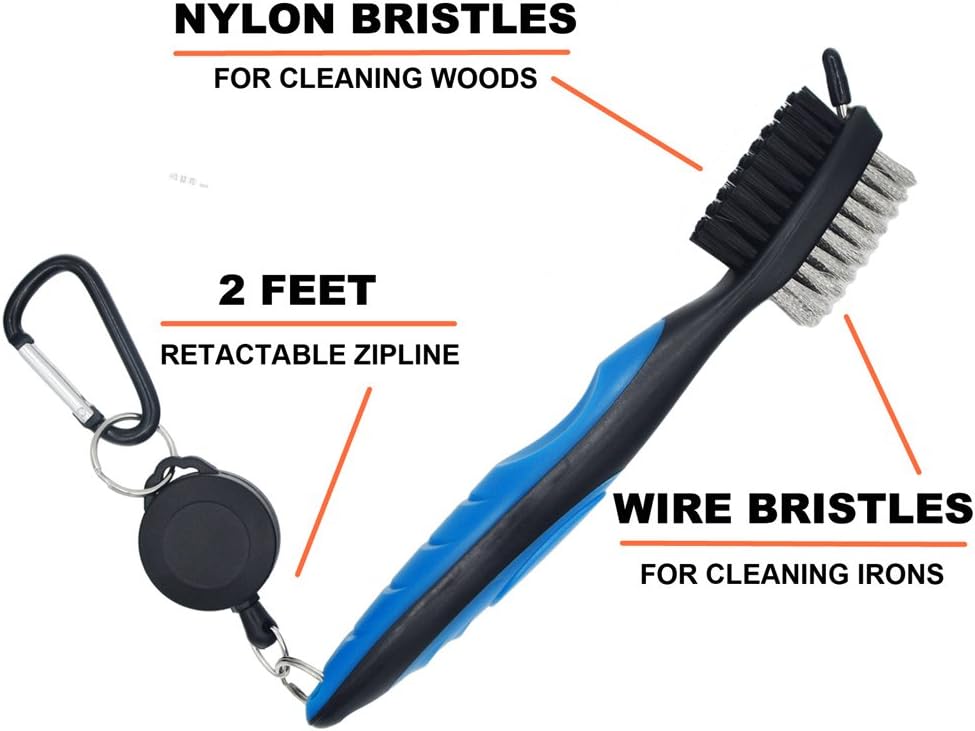 2 Pack Golf Club Brush and Groove Cleaner Brushes, 2 Feet Retractable Zip-line Aluminum Carabiner