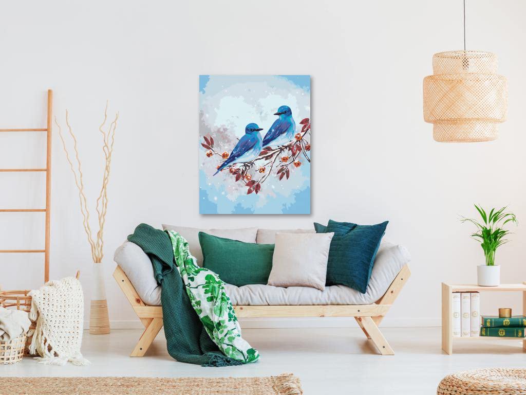 Malowanie według liczb - dwa niebieskie ptaki na gałęzi 80 x 100 cm bez blejtramy