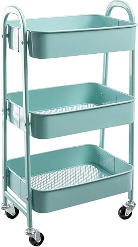 AGTEK Carrito de maquillaje, carrito organizador móvil rodante, azul aguamarina de 3 niveles de metal