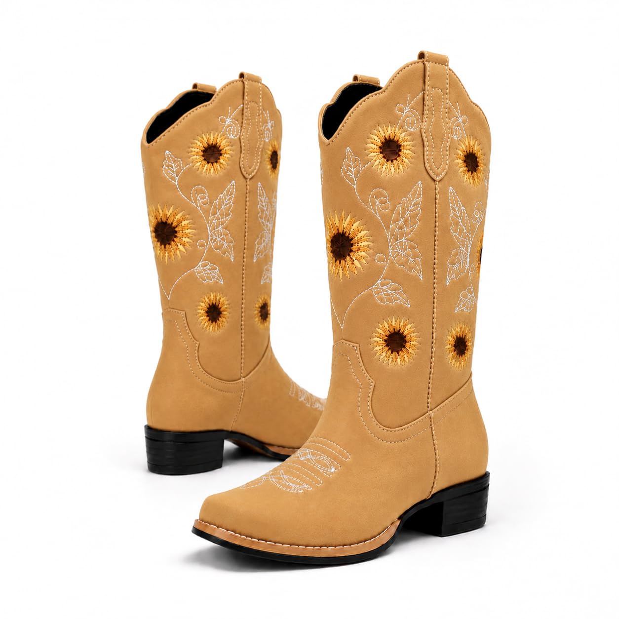 Women's Sunflower Cowboy Boots Cowgirl Square Toe Mid Calf Low Heel