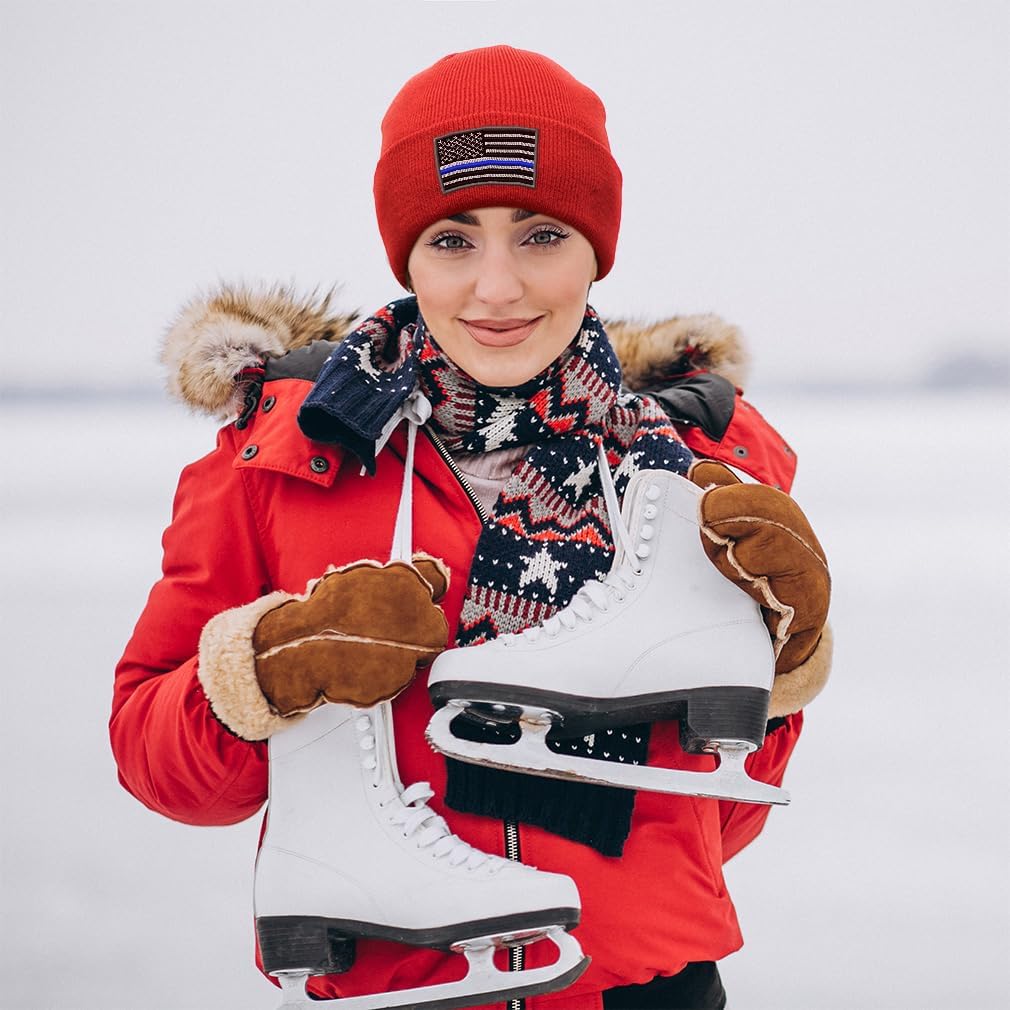 Speedy Pros Beanies for Men American Flag Thin Blue Line Embroidery Skull Cap Winter Hats for Women Acrylic One Size - Image 3