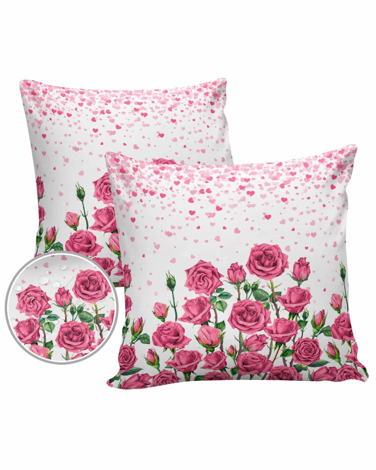 Rose Flower Outdoor Pillow Covers Waterproof, All Weather Cushion Case Set of 2, Rustic Valentine's Day Pink Love Heart Decorative Pillowcases for Sofa Couch Bed Decor Patio Furniture 18