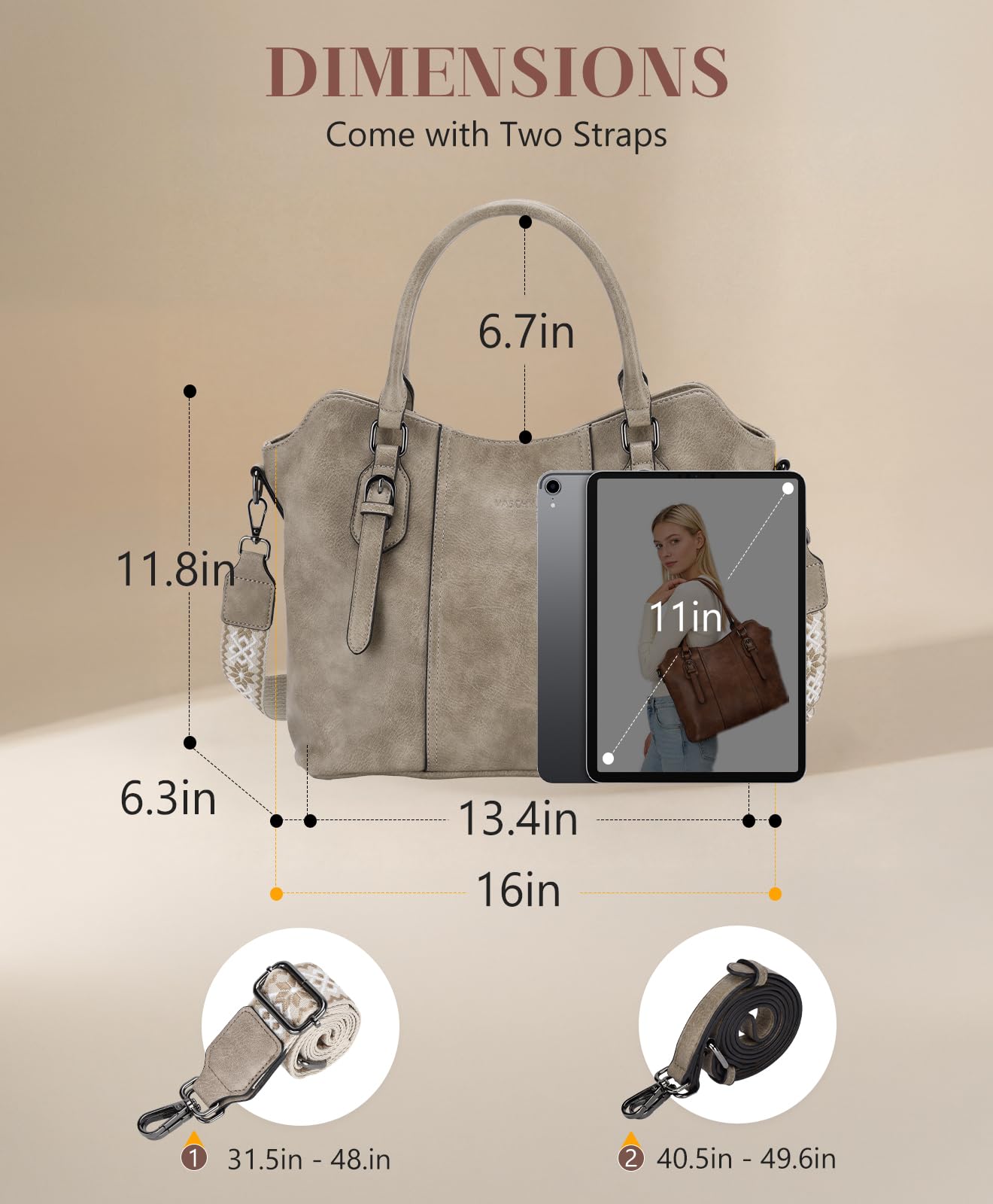 VASCHY Grand Sac à Main Femme en Cuir PU, Sac Fourre Tout Pratique avec Bandoulière de Guitare pour Cours Travail Voyage Cadeau