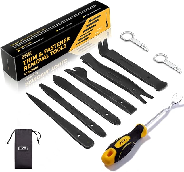 UTOOL Trim Removal Tool Kit, 9pcs Car Panel Remover Tool Set Including Nylon Plastic Trim Tool, Rubber Coated Fasterner Clip Remover, Radio Removal Keys and Drawstring Pouch, Black