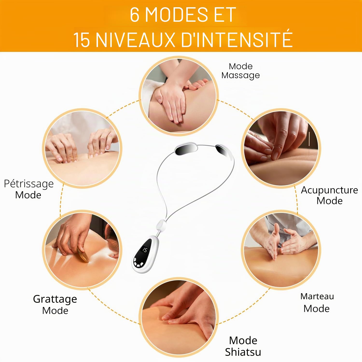 Masseur Cervical EMS, Points D'acupuncture du Massage Lymphatique Cou 6 Modes 15 Niveaux D'intensité Massage Cou Portable avec Fonction Chauffante pour Maison, Bureau, Voyages