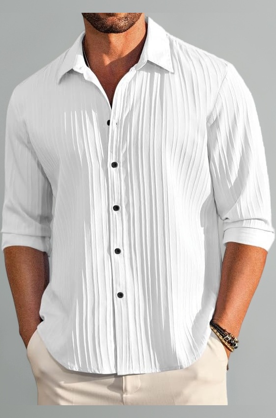 FINIVO FASHION Men's Casual Cotton Plain Button Down Shirt Long Sleeve Textured Summer Beach Shirt for Men