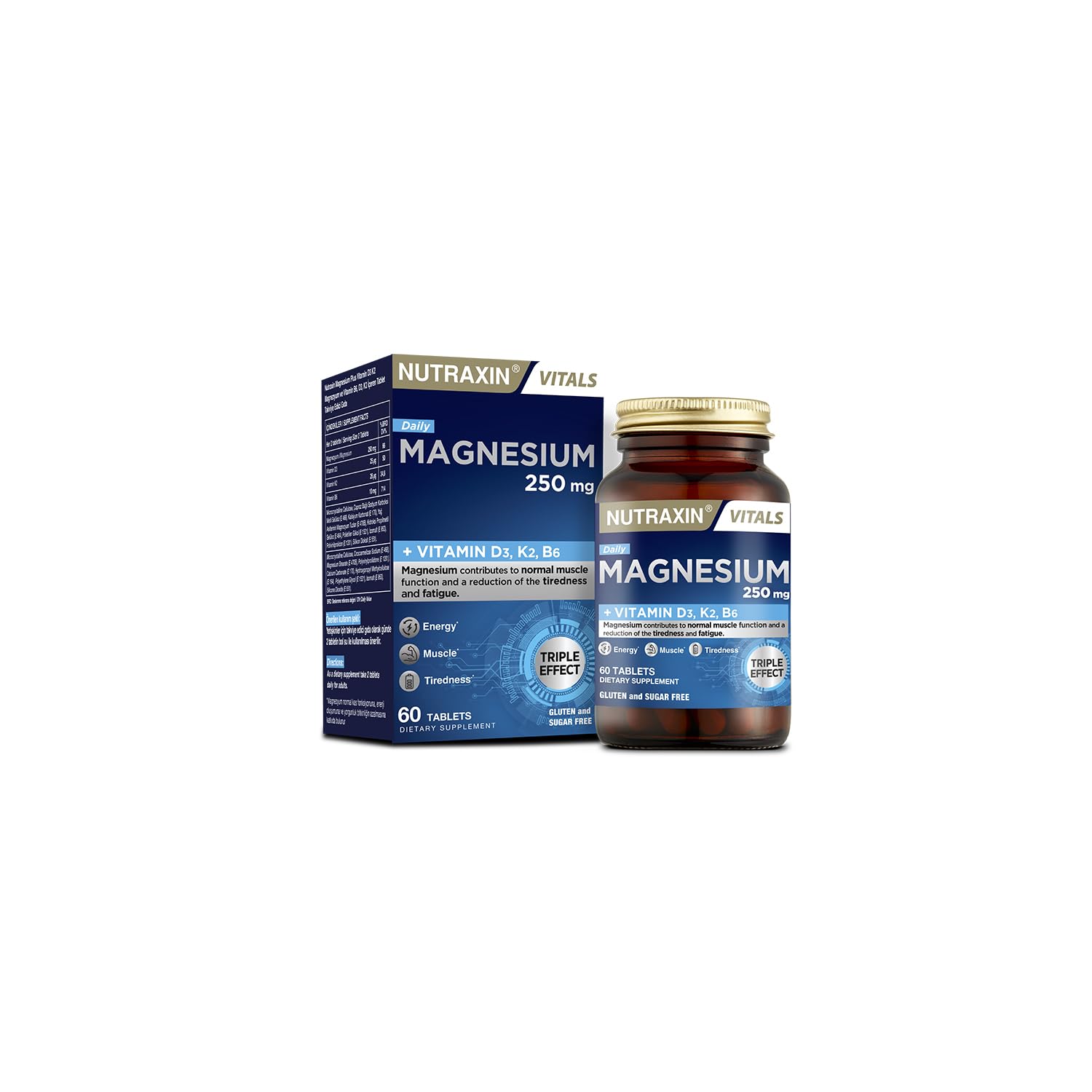 Nutraxin Magnesium Daily 250 mg | Magnezyum, D3K2 ve B6 Vitaminli | Yorgunluk ve Kas Fonksiyonu Desteği | Şeker ve Gluten İçermez | 60 Tablet