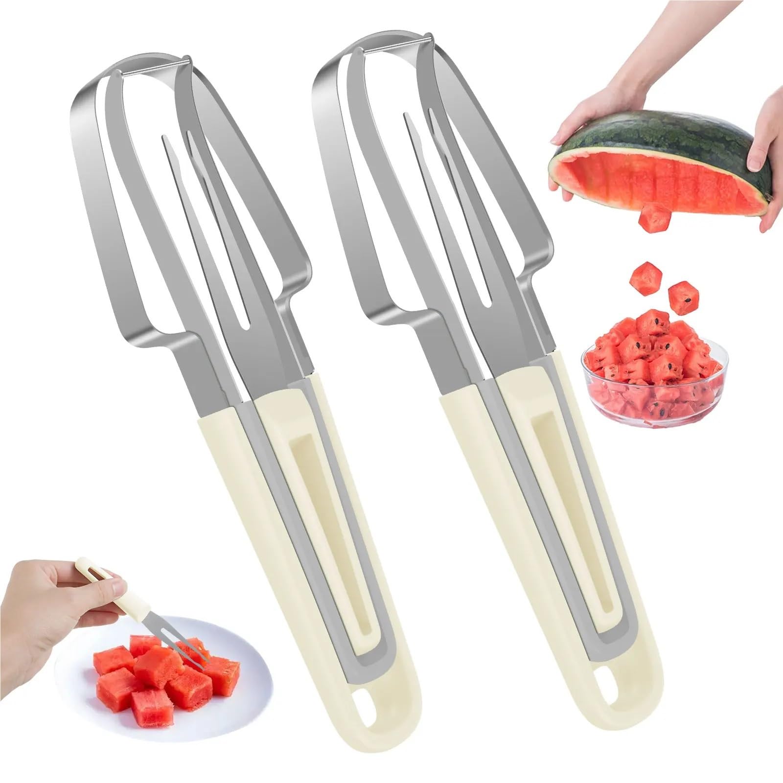 Missffcat 2pcs 3-in-1 Stainless Steel Watermelon Slicer Cutter with Fork and Scooper - Portable Watermelon Tool for Family Use(Beige)