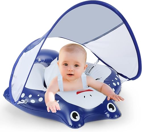 Keriday Baby Pool Float for 3-36 Months, Baby Swim Float with Canopy, Beach Toys for Toddlers 1-3 Years Old, Baby Floatie Pool Accessories, No Flip