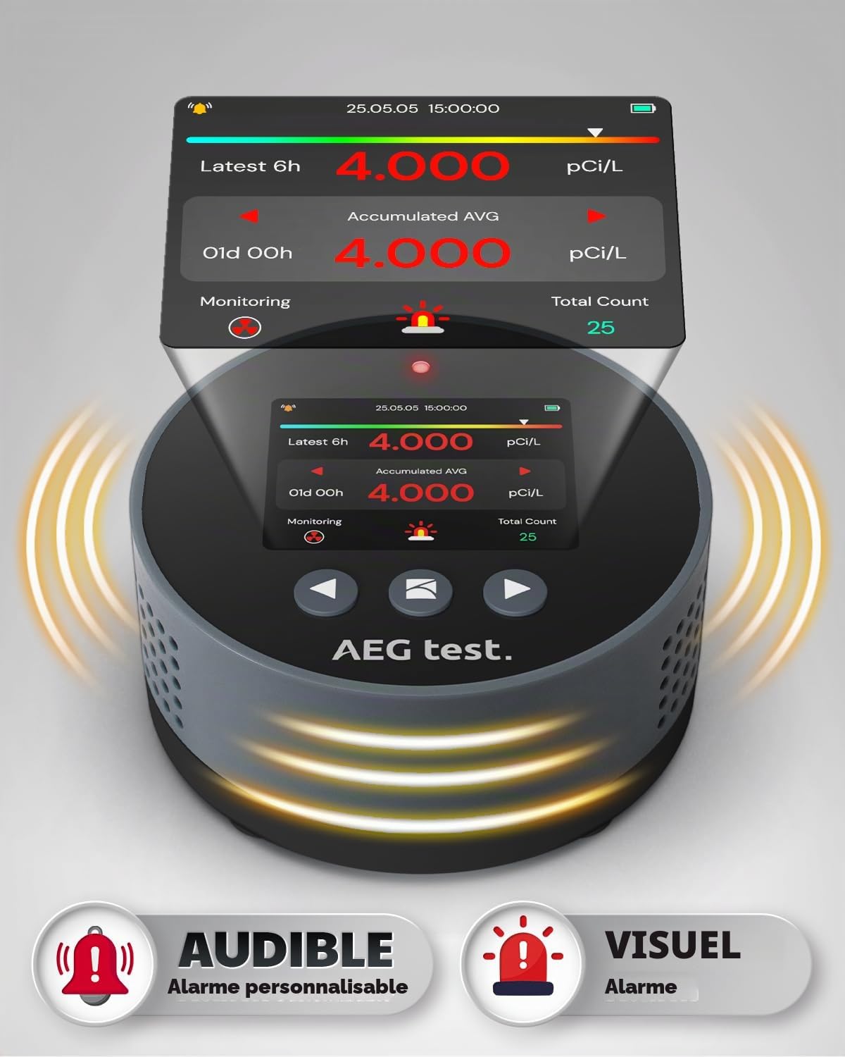HOUND-1085 Détecteur de radon portable, surveillance du radon à long terme pour la maison, alarmes sonores et visuelles, rechargeable, écran LCD couleur TFT, pCi/L ou Bq/m³ – Bleu