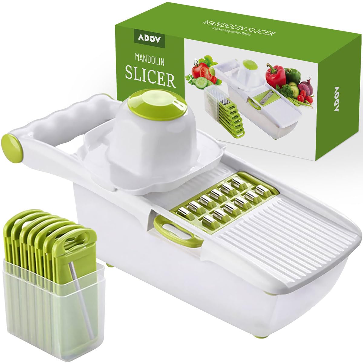 ADOV Mandoline Slicer, All in 1 Fruit and Vegetable Chopper, Multifunctional Veg Cutter, Interchangeable Stainless Steel with Food Container, Hand Protector, Julienne Slice for Potato, Onion, Cheese