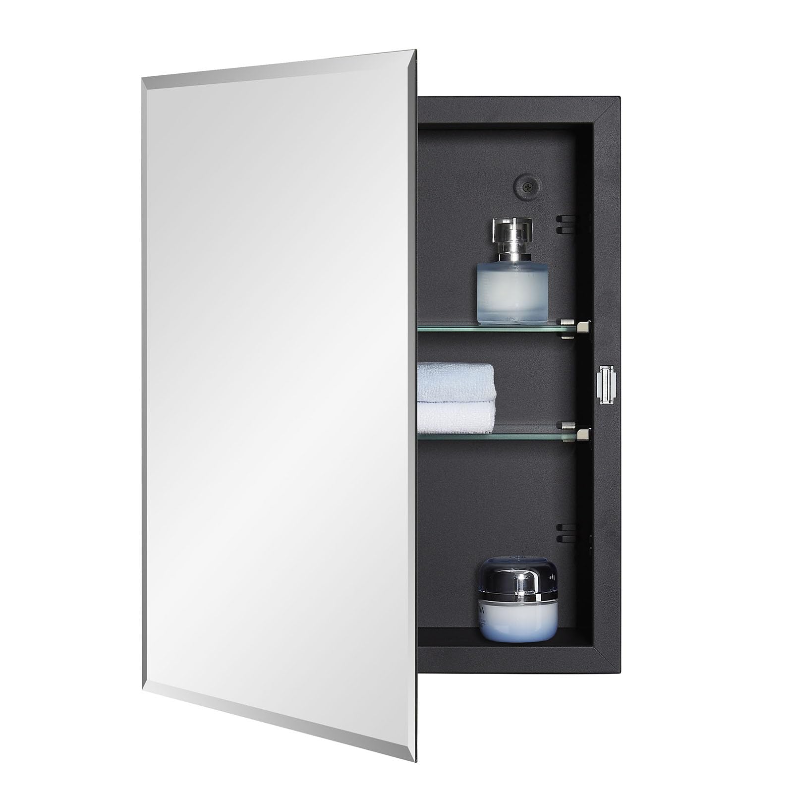 IDYLLOR Black Bathroom Medicine Cabinet with Beveled Edge Mirrored Door 14 x 18 inch, Recessed or Surface Mount, with Adjustable Glass Shelves