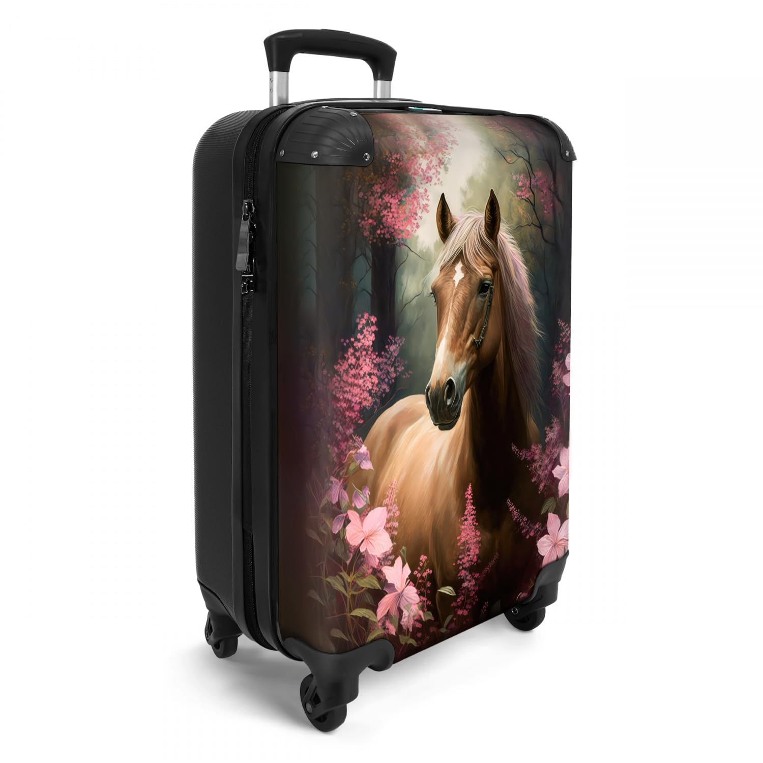 NoBoringSuitcases.com® Kinderkoffer Mädchen Reisekoffer mit Rollen Handgepäck Koffer Pferd - Rosa Blumen - Natur - Wald - 55x35x20cm