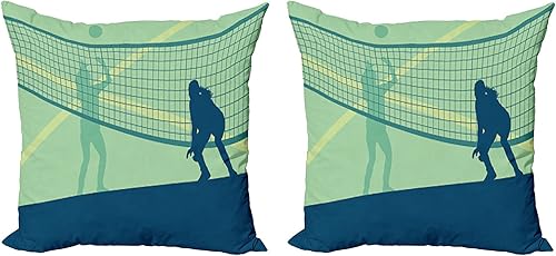 Ambesonne Volleyball Throw Pillow Cushion Cover Pack of 2, Scenery of 2 Females Competing in a Sports Field Healthy Sports, Zippered Double-Side