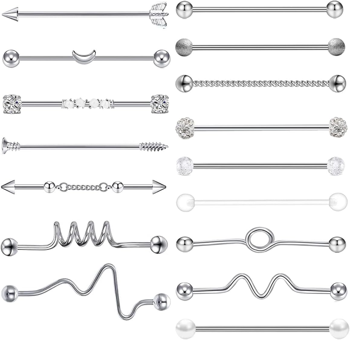 14G Industrial Piercing Jewelry For Women Men Stainless Steel 38 Industrial Barbell Long Cartilage Helix Conch Earrings Stud 14G Gauges Industrial Jewelry Butterfly Heart Cool 7-18pcs