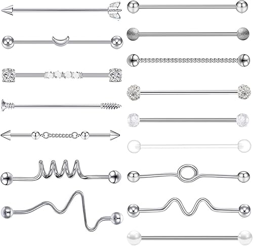 Pendientes de barra industriales de acero inoxidable de 14 G para cartílago largo hélice caracola piercing corporal 15-18 piezas Metal ágata Set #1,