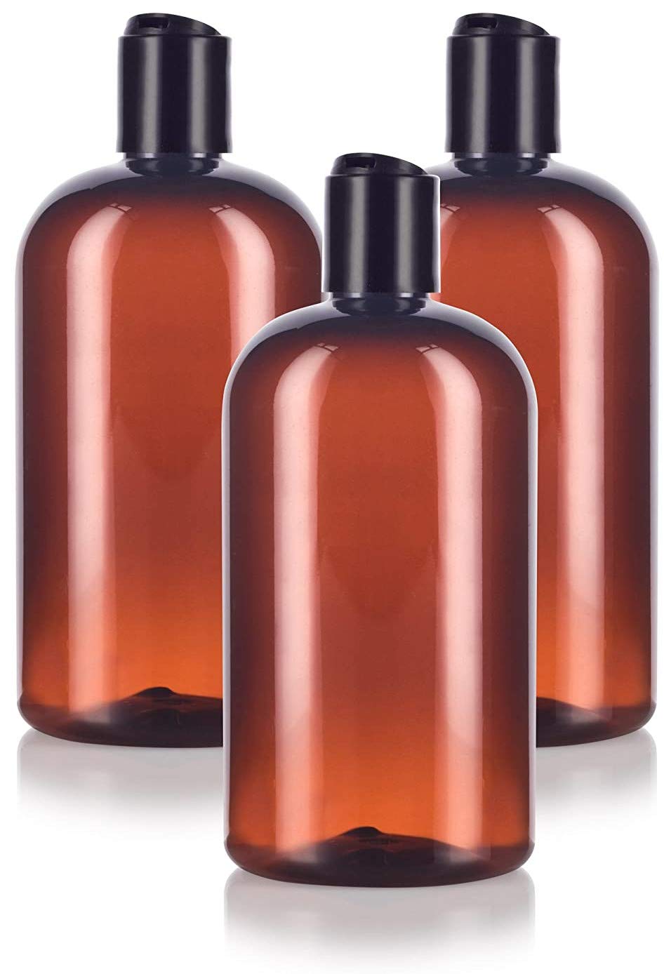 Amber 16 oz Boston Round PET Plastic Bottles (BPA Free) with Black Disc Cap Dispenser (3 pack)