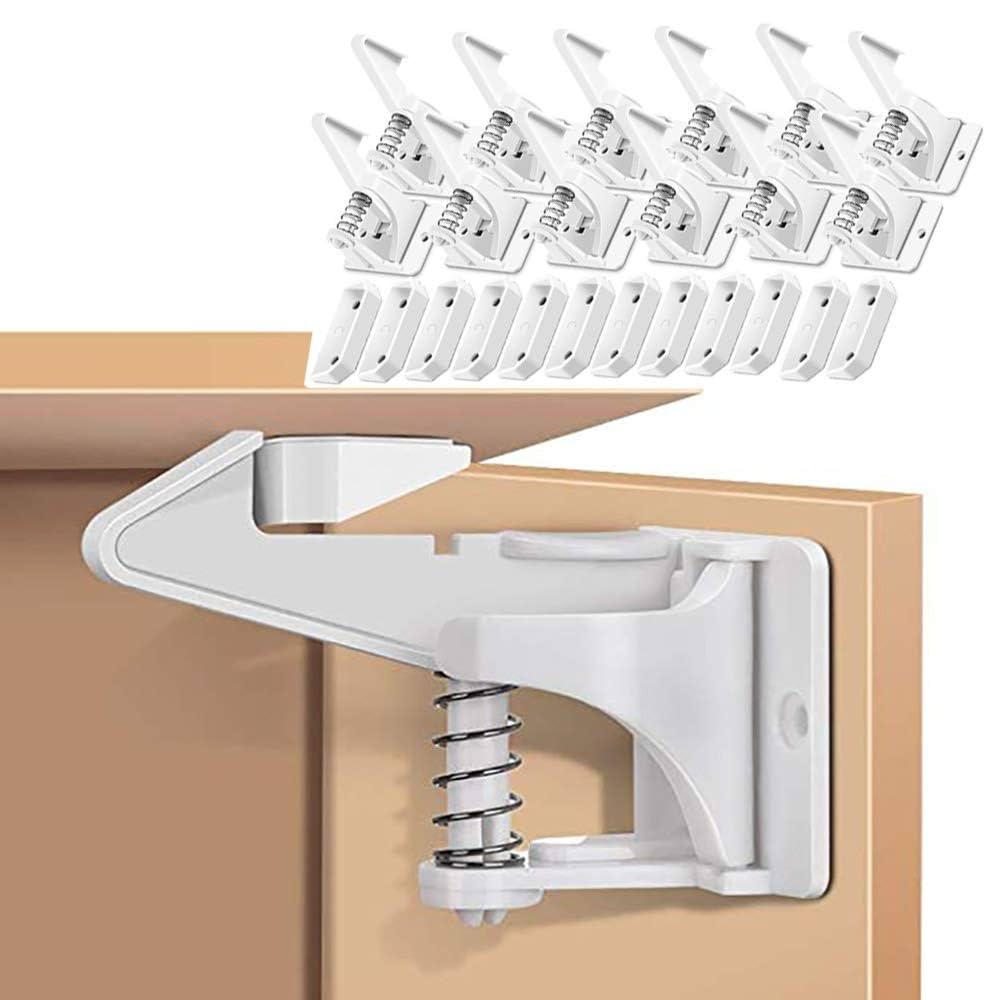 12 PCS Child Safety Cupboard Locks, Invisible & Unlocked Design No Drilling Needed, Adhesive Easy Install, Baby Proof Safety Cabinet Locks Inside For Children Drawer Kitchen Closet Latches (White