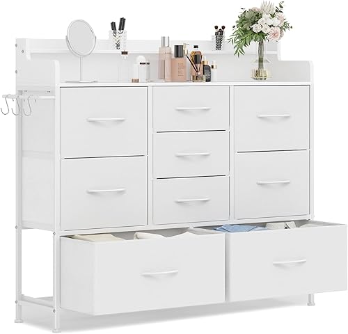 9 Drawers Dresser with Hooks, Dressers for Bedroom, Living Room, Hallway, Nursery (White)