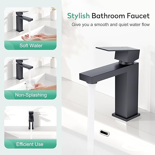 Miniatura 4 de Faustina Grifo de baño negro de 1 agujero, grifo de baño de un solo orificio con ensamblaje de drenaje desplegable, grifo de tocador central, grifo