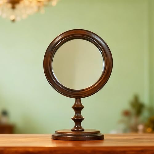 Espejo de maquillaje vintage para mesa, espejo de mesa con marco de madera maciza con soporte para mesa de tocador, espejo de escritorio para