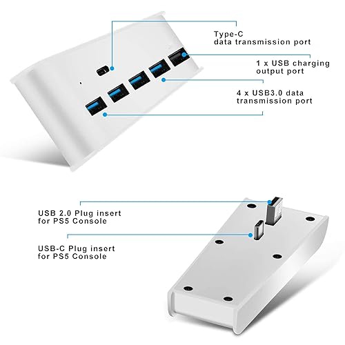Miniatura 2 de EEEKit Hub USB de 5 puertos para PS5, PS5 USB de alta velocidad con 4 USB + 1 puerto de carga USB y 1 puerto tipo C, conector extensor USB Plug &