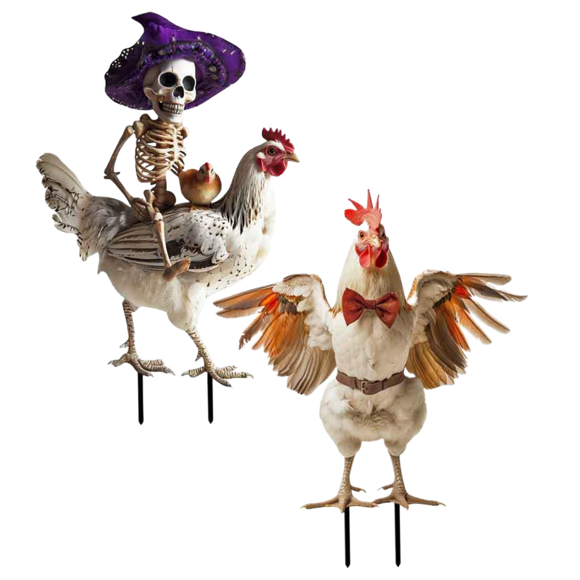 Squelette de poulet Halloween en métal avec piquets stables pour une pelouse extérieure réaliste