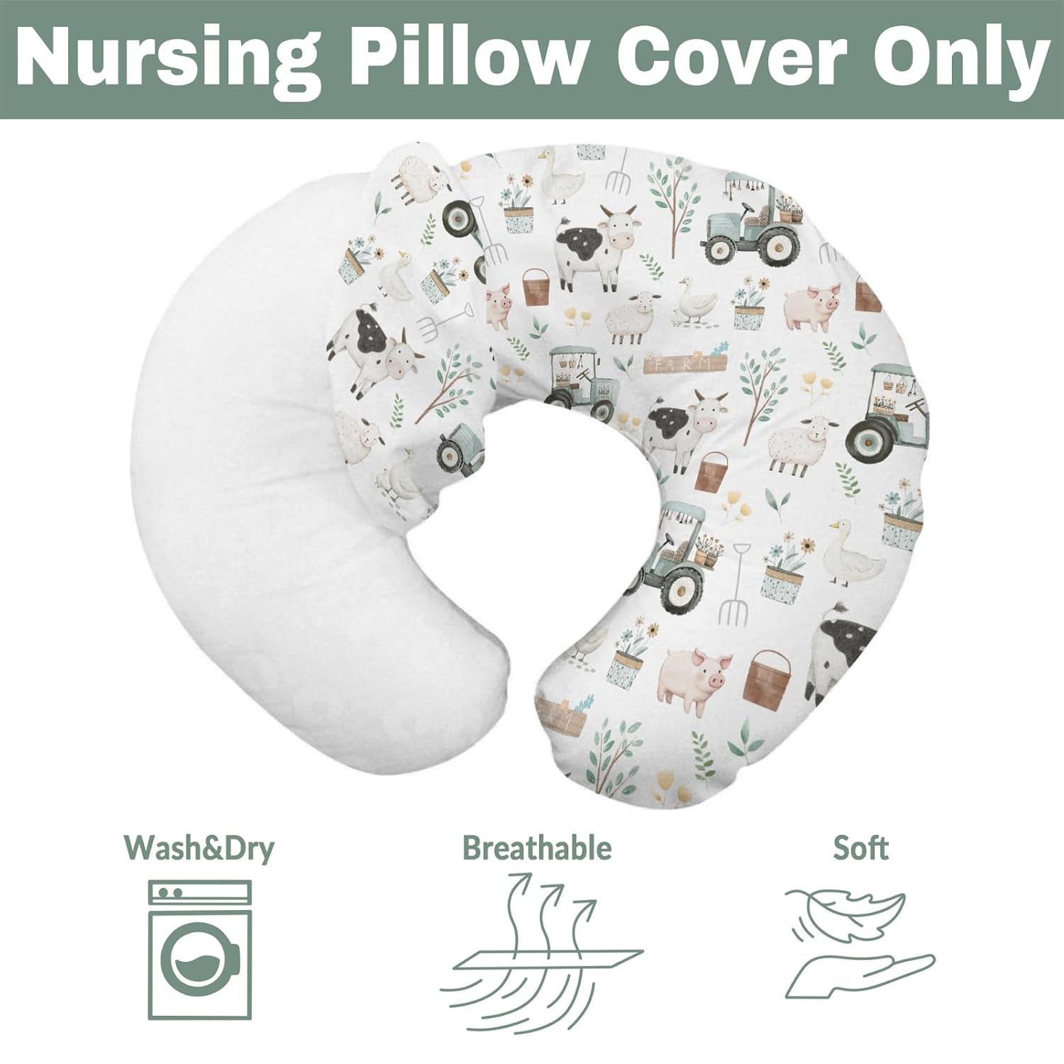 Boho Farm Animals Baby Nursing Pillow Covers for Boy Girl Lamb Cow Chicken Duck Tractor Tree Nursery Slipcovers for Breastfeeding Pillows Spring Farm Life Soft Stretchy Cover for Newborn Infant