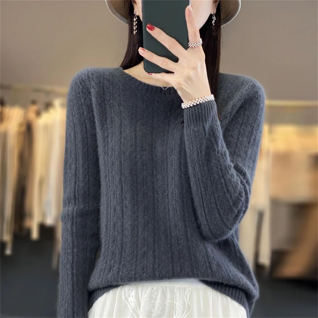 Women's 100% Wool Knitted Sweater Hollow Out Crewneck Long Sleeve Top Winter Casual Warm Loose Pullover Jumper