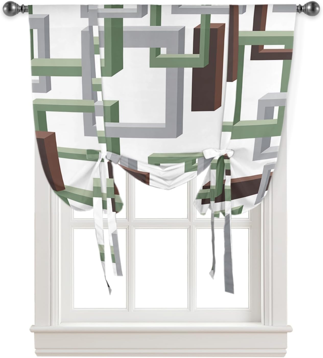 Tie Up Window Shade Curtain Abstract Green Brown Squares Kitchen Adjustable Balloon Curtains Shades Drape 52x63In for Living Room/Bedroom/Cafe Windows Minimalist