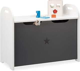 Relaxdays Baúl Juguetes, Banco Infantil, Caja Almacenaje para Niños, Diseño de Estrella, DM, 47x57x30 cm, Blanco y Gris