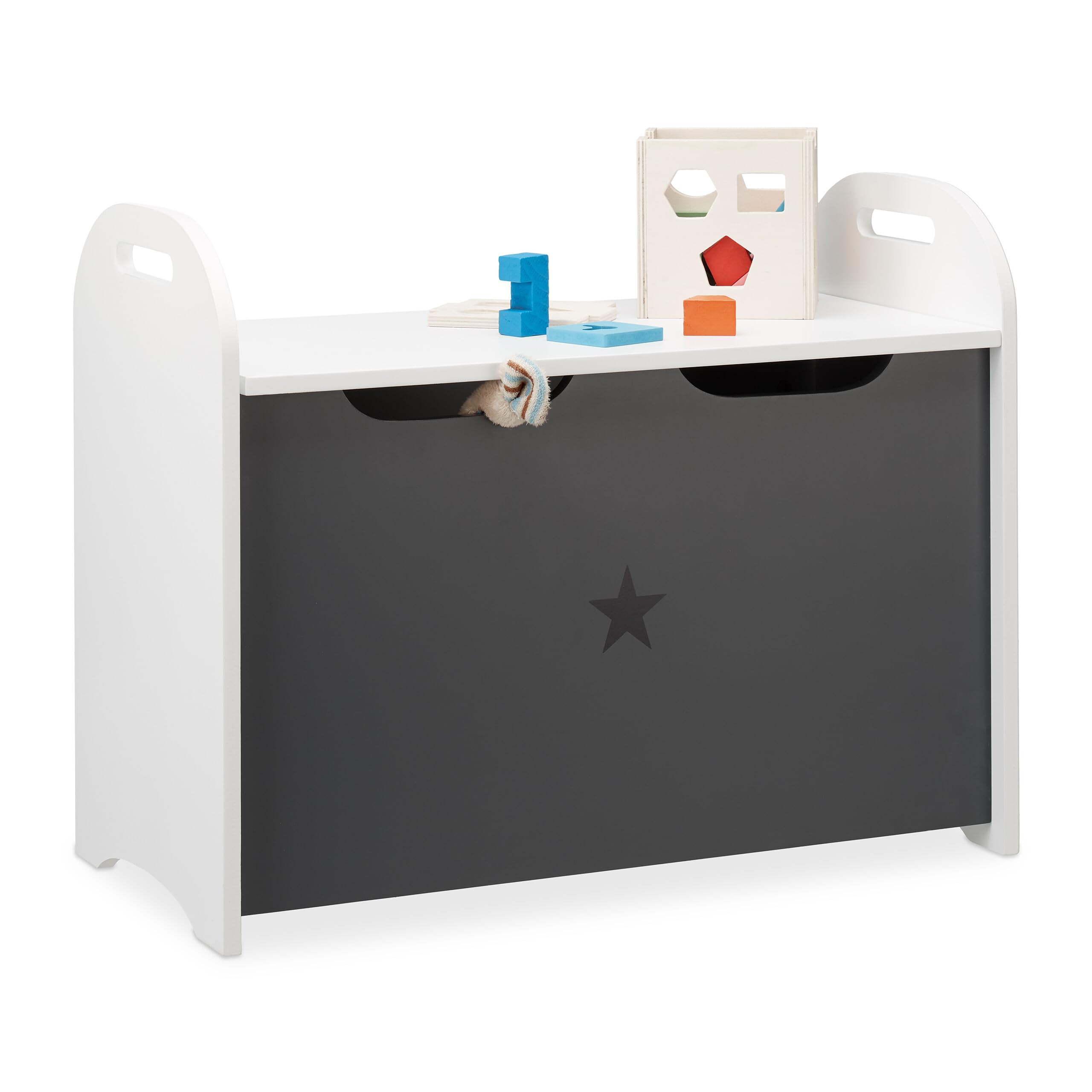 Relaxdays Spielzeugtruhe für Kinder, Stauraum für Spielzeug, Sitzbank m. Deckel, HBT 47x57x30 cm, Sternmotiv, Weiß-Grau