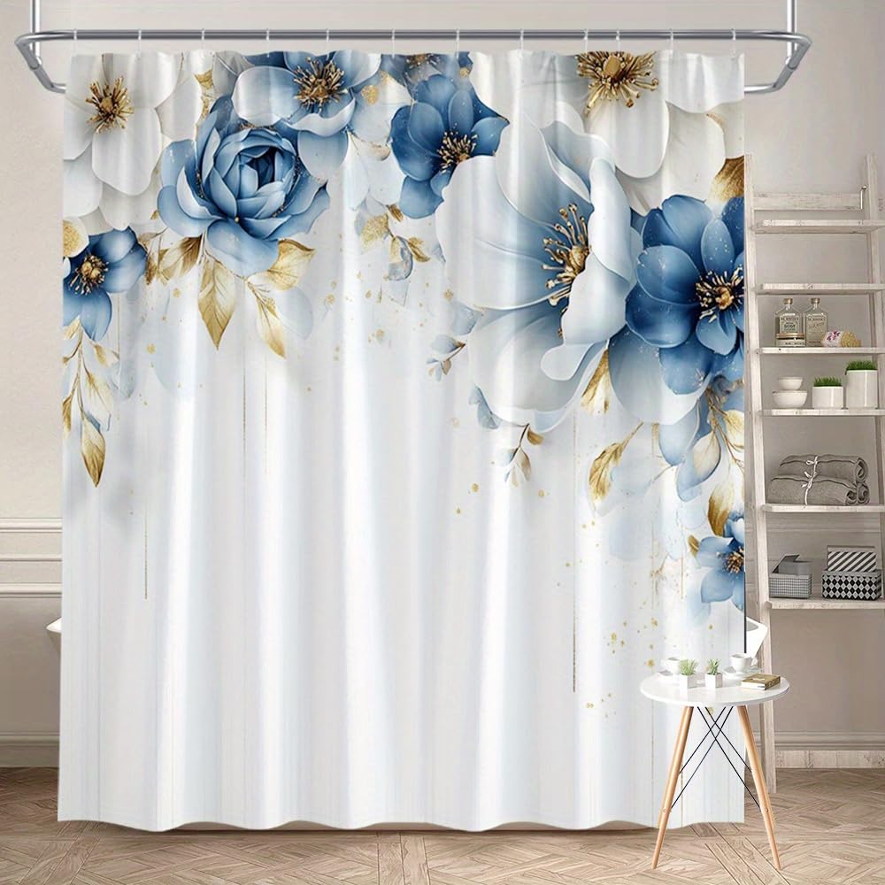 1 pezzo 180x220CM Fantasia floreale blu e bianca Tenda da doccia con gancio, in poliestere, per finestre e pareti, vasca da bagno, bagno, lavabile in lavatrice, universale per tutte le stagioni.