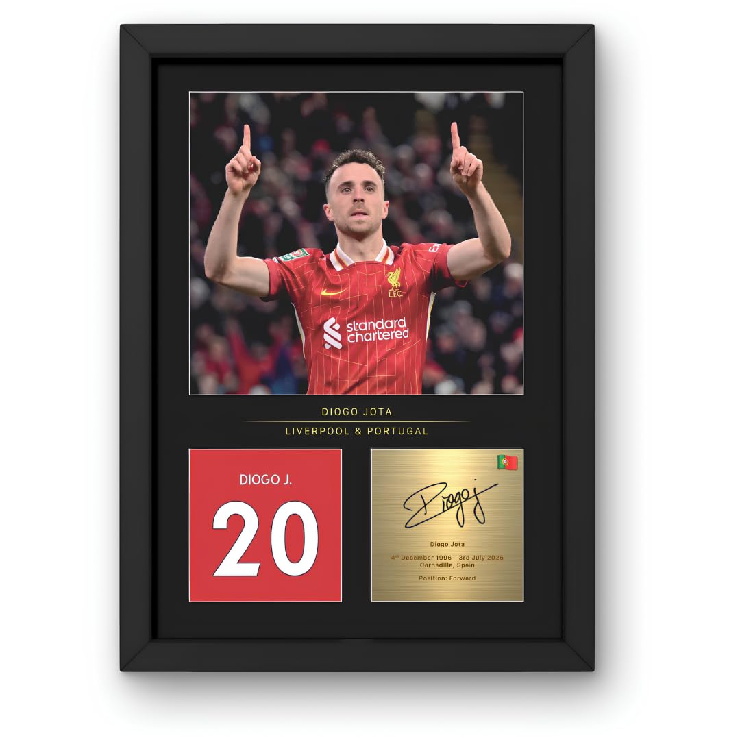 Win FC Diogo Jota A4 Framed Photo Display - Reproduced Digital Signature - Gift For Liverpool Fans