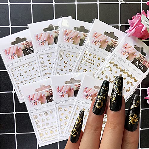 Zoance Gold Nail Art Stickers,30 Sheet Diffrent Style 3D Flower Butterflies Geometric Lines Self-Adhesive Nail Stickers, Nail Art Supplies For Nail Diy Decoration, Customized Adhesive Nail Accessories For Women French Nail Design #TOP1