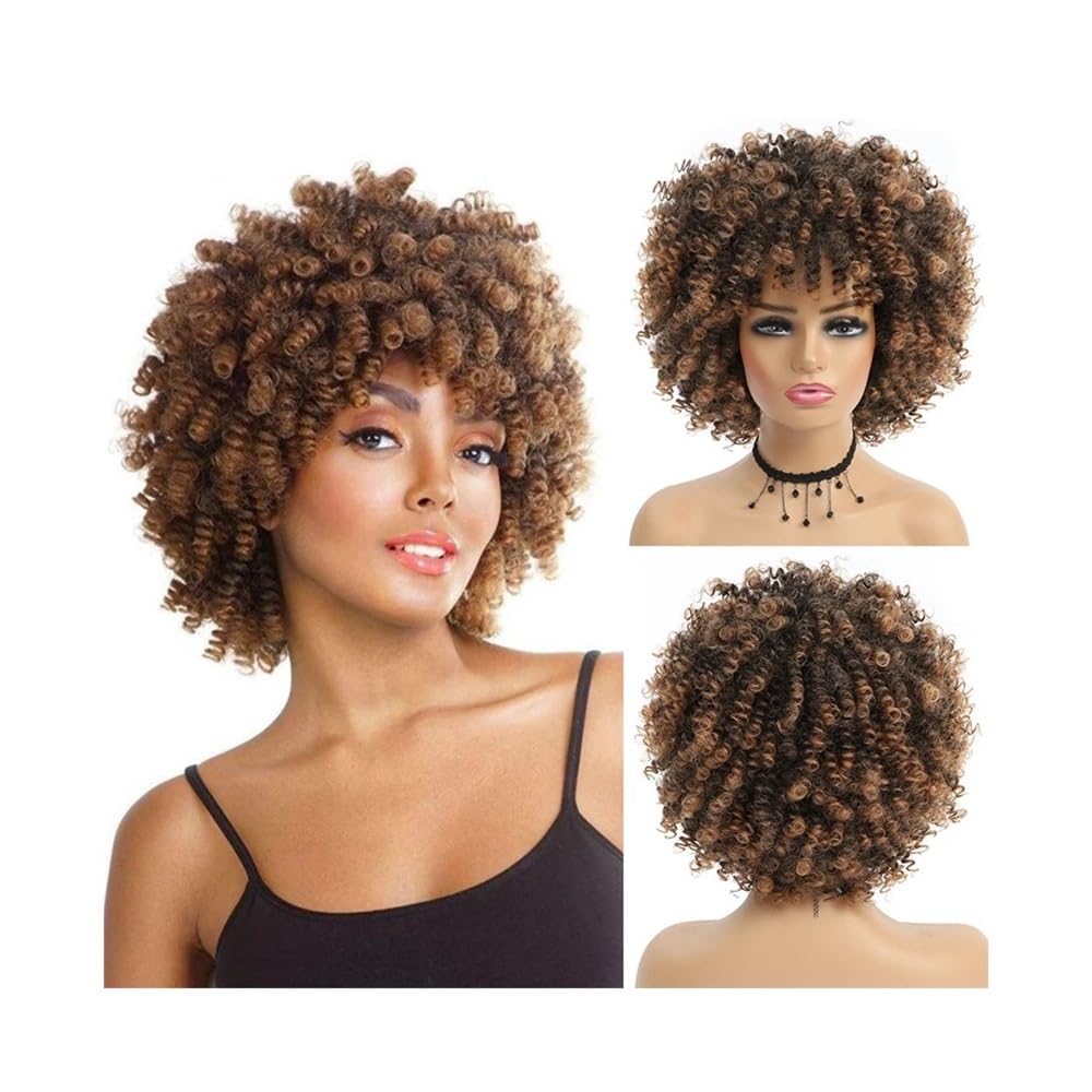 Hair Toppers für Frauen Kurze Haare Afro verworrene lockige Perücke mit Pony afrikanische synthetische Perücken for Frauen(Dark Brown)