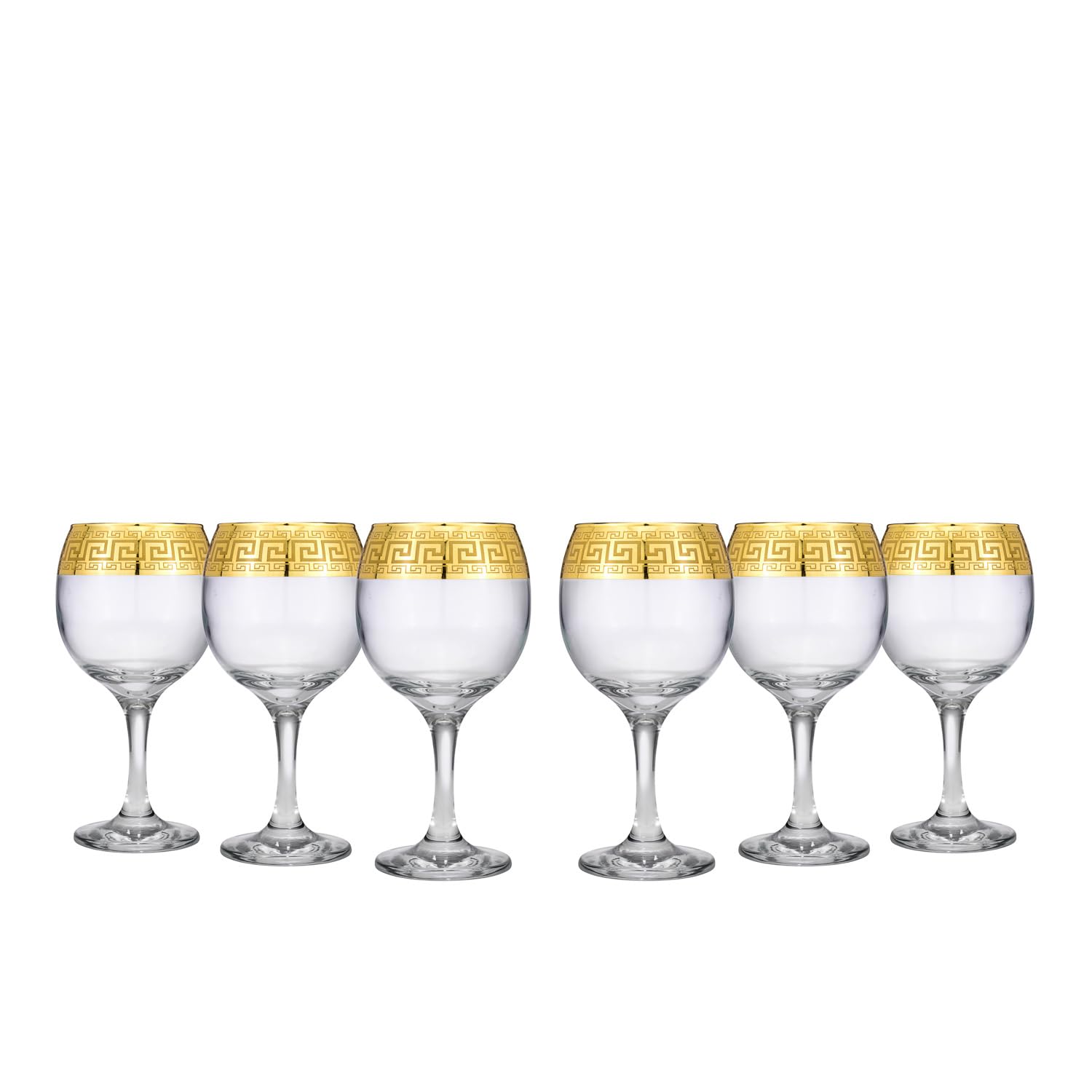 Greek Key Wine Glasses Set of 6-8.8 oz Round Wine Glasses with Stem, Dishwasher Safe Premium European Grade Glassware
