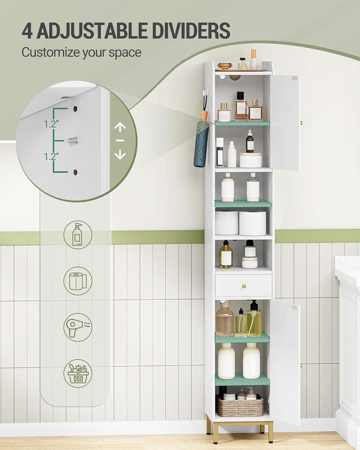 Hzuaneri Bathroom Cabinet with Adjustable Shelves & Door, Freestanding Tall Floor Storage Cabinet with Drawer - Narrow Toilet Paper Organizer for Bathroom, White BC29013G