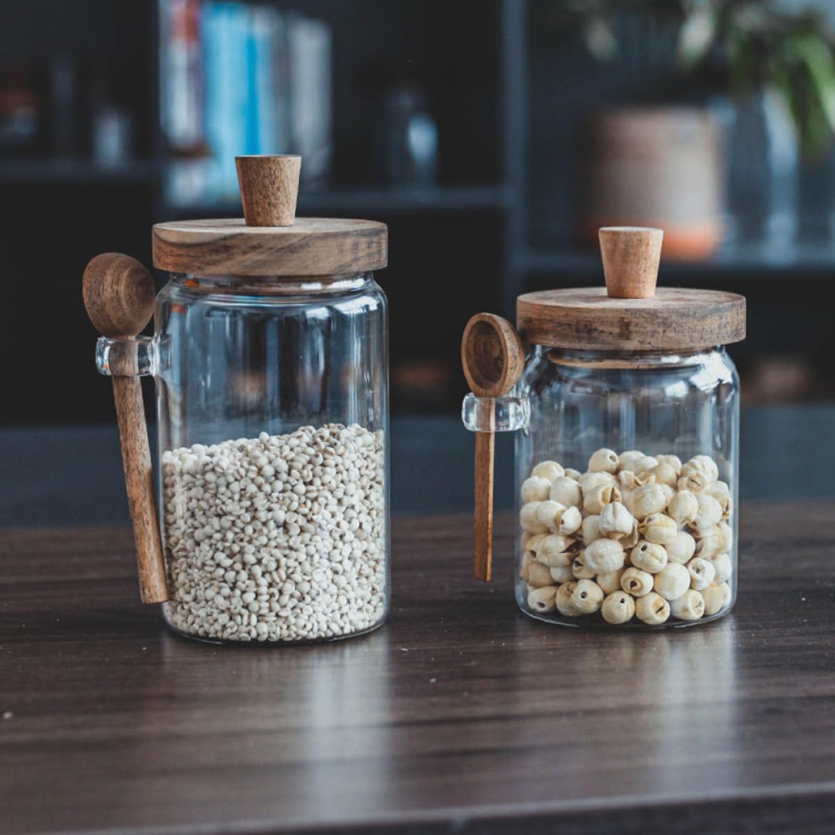 Glass Seasoning Jars Set 3 Pieces (400ml, 550ml, 850ml) High Borosilicate Glass Spice Containers with Wooden Lids and Spoons, Airtight Food Storage Canisters for Kitchen Pantry