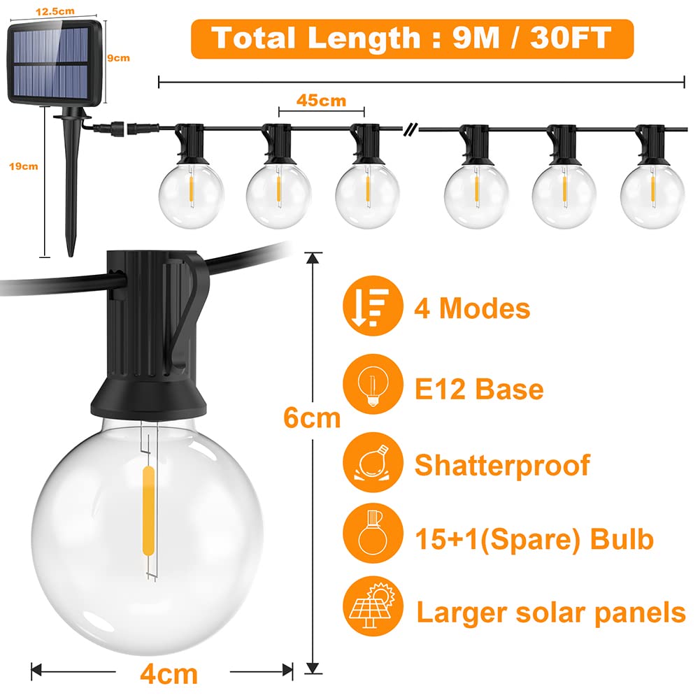 Catena Luminosa Esterno Solare, Romwish 9M/30FT Impermeabile Luci Esterno Energia Solare con 15+1 Lampadina, 4 Modalità Catena Luminosa Solare per Terrazzo, Festa, Matrimonio, Patio, Jardin
