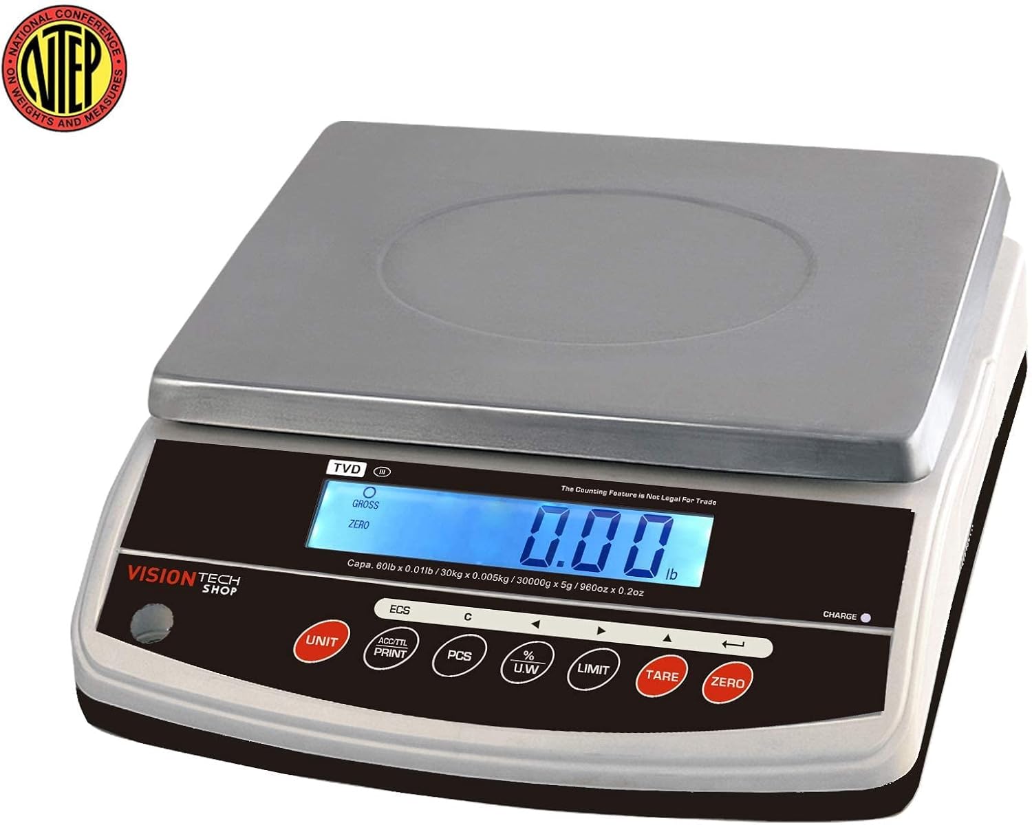 VisionTechShop TVD-60 Digital Bench and Counter Scale, Lb/Oz/Kg/g Switchable, 60lb Capacity, 0.01lb Readability, Counting and Percentage Mode, Single Display, NTEP Legal for Trade, CC# : 20-032