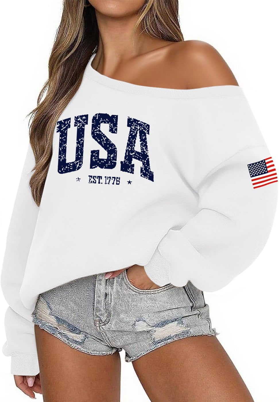 Lacozy USA Sweatshirt for Women Oversized Fleece Off the Shoulder Sweater Soft Long Sleeve Hoodie 4th of July Outfits